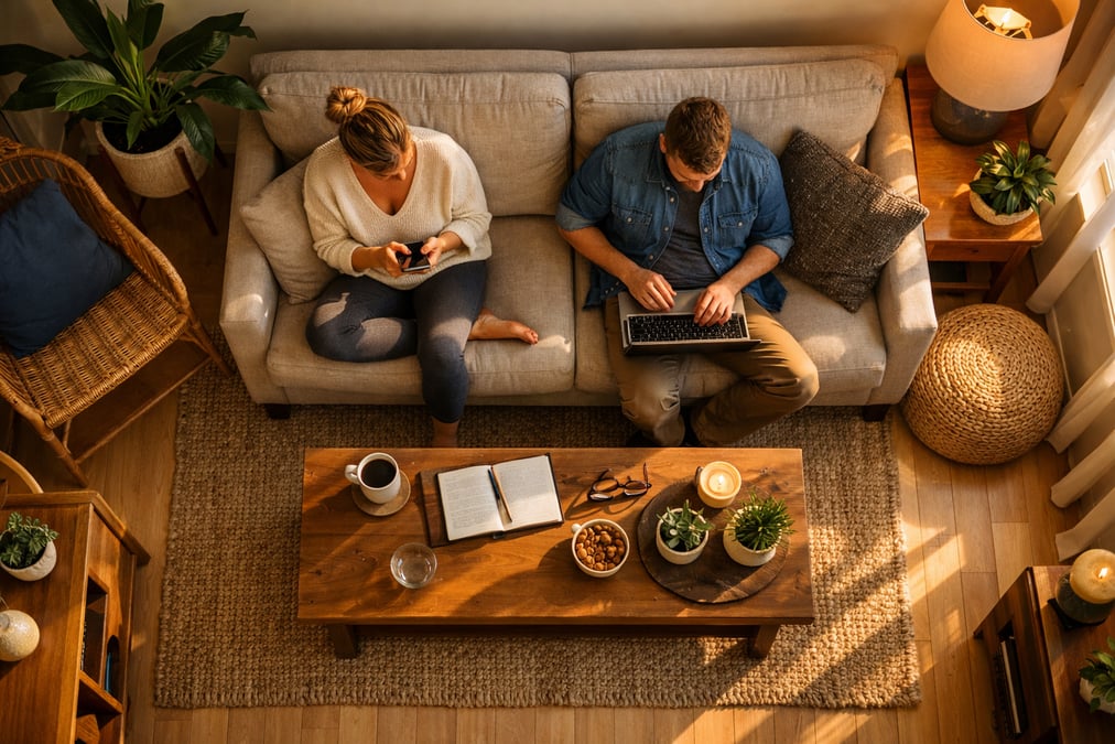 A bird's-eye view of a tidy small apartment living room with a couch, plants, and a coffee table