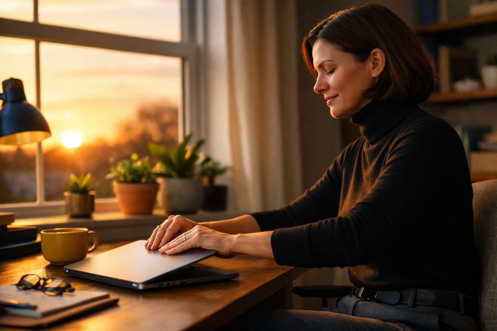 A woman closing her laptop firmly at a home office desk, sunset visible through the window, peaceful expression