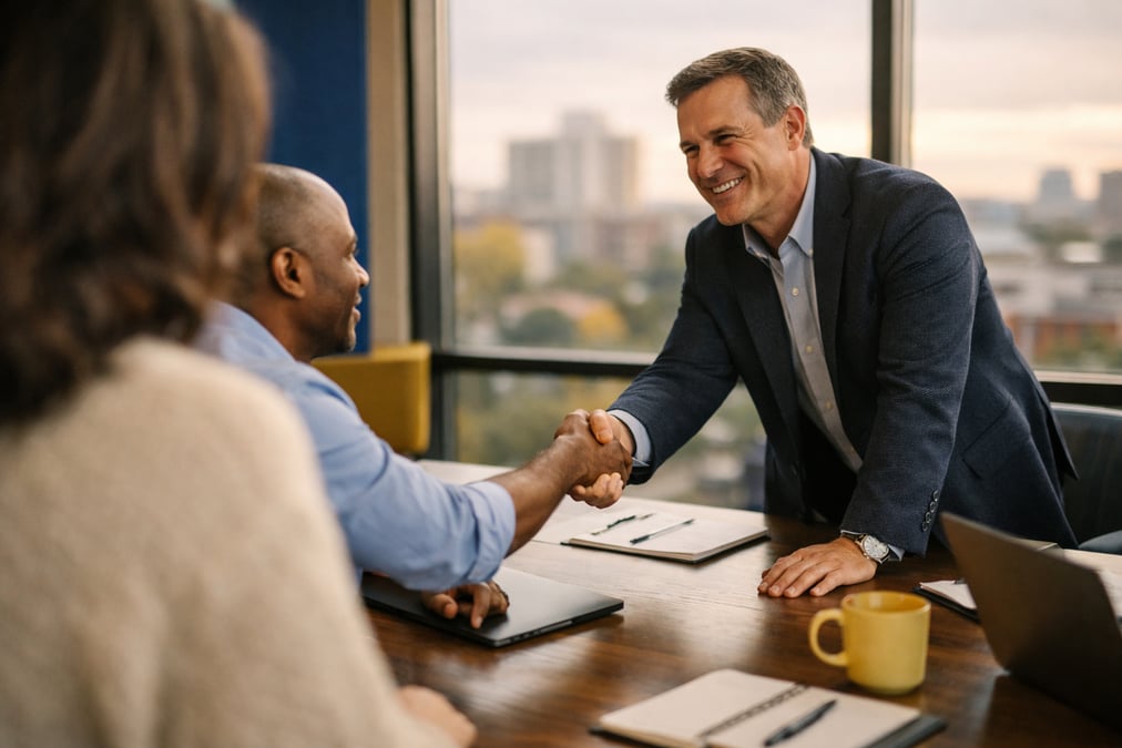 Two professionals shaking hands across a conference table, one standing and one seated, large window with city view behind them
