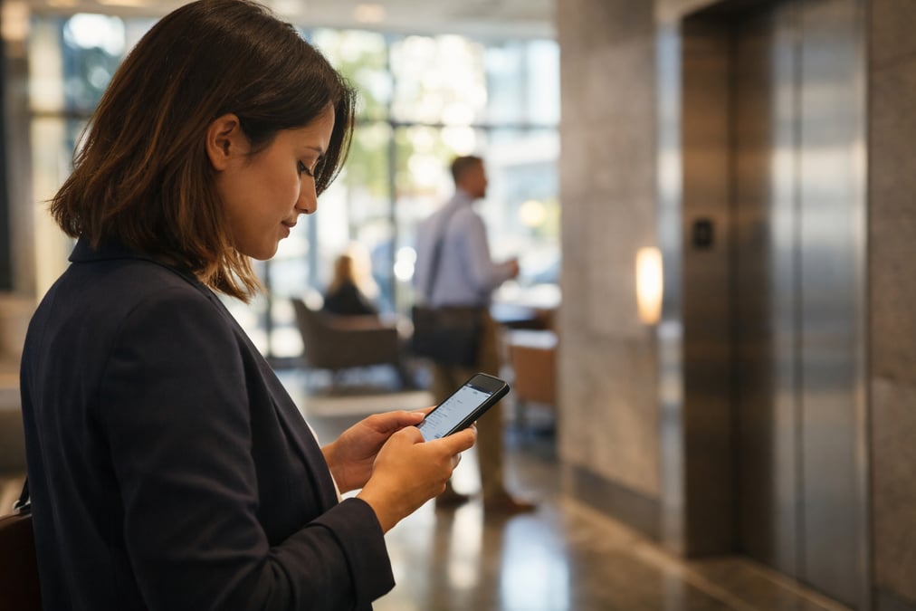 A focused young professional typing on a phone while waiting for an elevator, modern office lobby, morning light from floor-to-ceiling windows