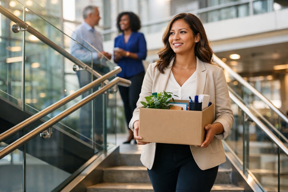 A confident woman carrying a cardboard box of personal items walking between office floors, glass staircase, modern corporate building with natural light