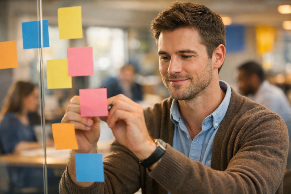 A young man in business casual writing on colorful sticky notes on a glass wall, organizing ideas, co-working space with other people blurred in background