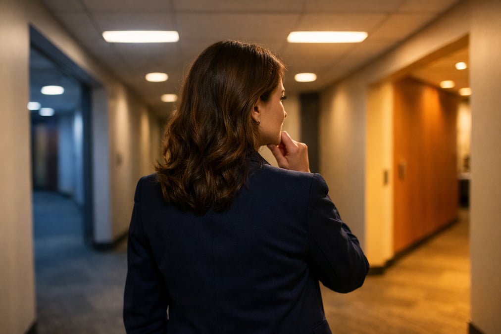 A professional woman standing at a crossroads in a modern office hallway, two corridors diverging, dramatic overhead lighting