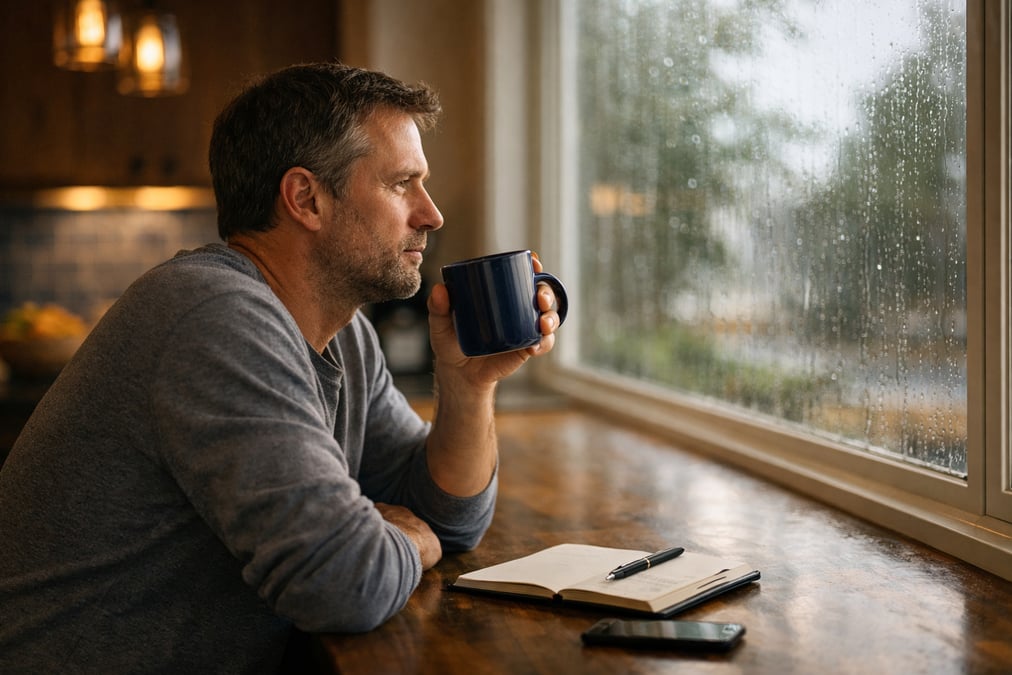 A man sitting at a kitchen island early morning with coffee, staring out the window at a rainy day, reflective mood
