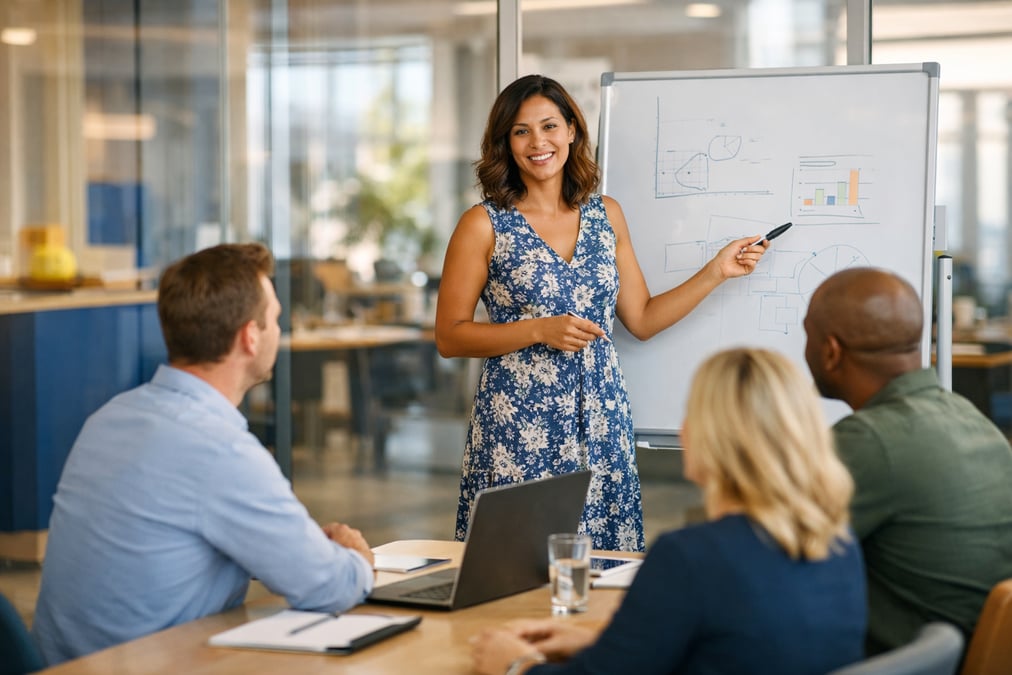 A woman presenting confidently to a small team in a glass-walled meeting room, standing near a whiteboard, colleagues listening attentively