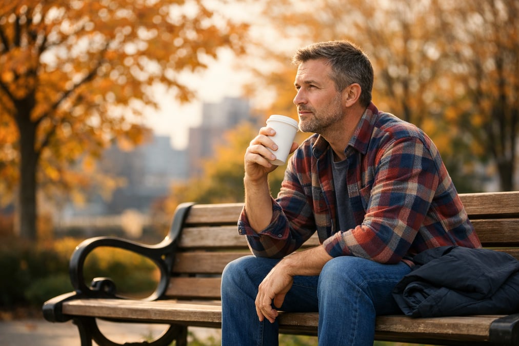 A man sitting alone on a park bench during lunch break, jacket folded beside him, deep in thought with a coffee cup