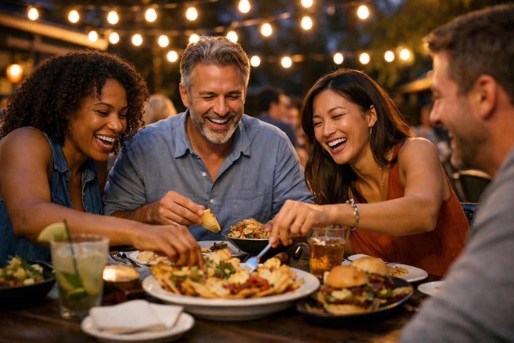 A diverse group of friends at an outdoor restaurant patio sharing food and laughing, evening string lights above, warm summer evening atmosphere