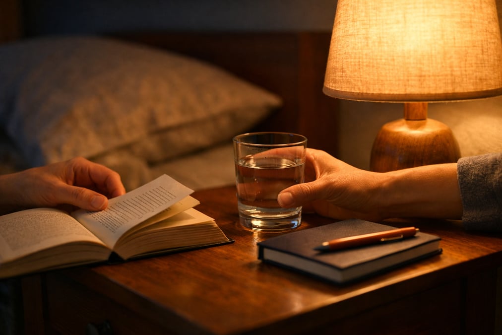 A warmly lit bedside table at night with a paper book, a glass of water, and a small lamp casting a soft glow