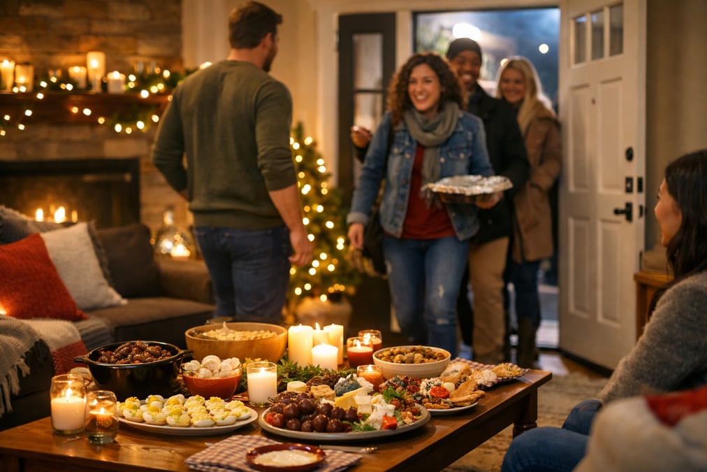 A cozy living room decorated for a small holiday gathering, fairy lights and candles, a potluck spread on the table