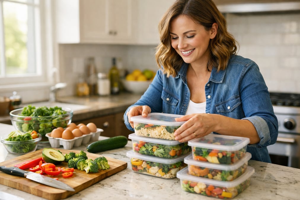 A woman organizing meal prep containers on a kitchen counter, fresh vegetables and cutting board nearby, bright kitchen with natural light from a window