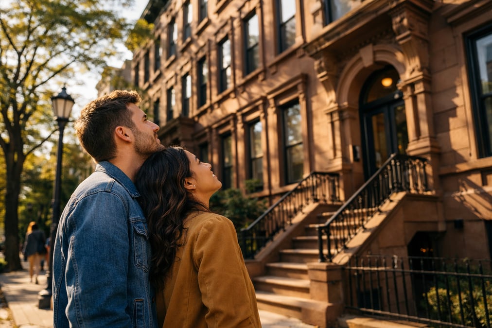 A young couple standing outside an apartment building looking up at the facade, afternoon light casting long shadows, brownstone neighborhood
