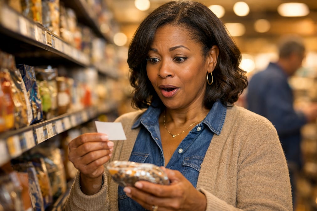 A middle-aged Black woman reading a price tag at a grocery store aisle, expression of mild surprise, warm overhead lighting