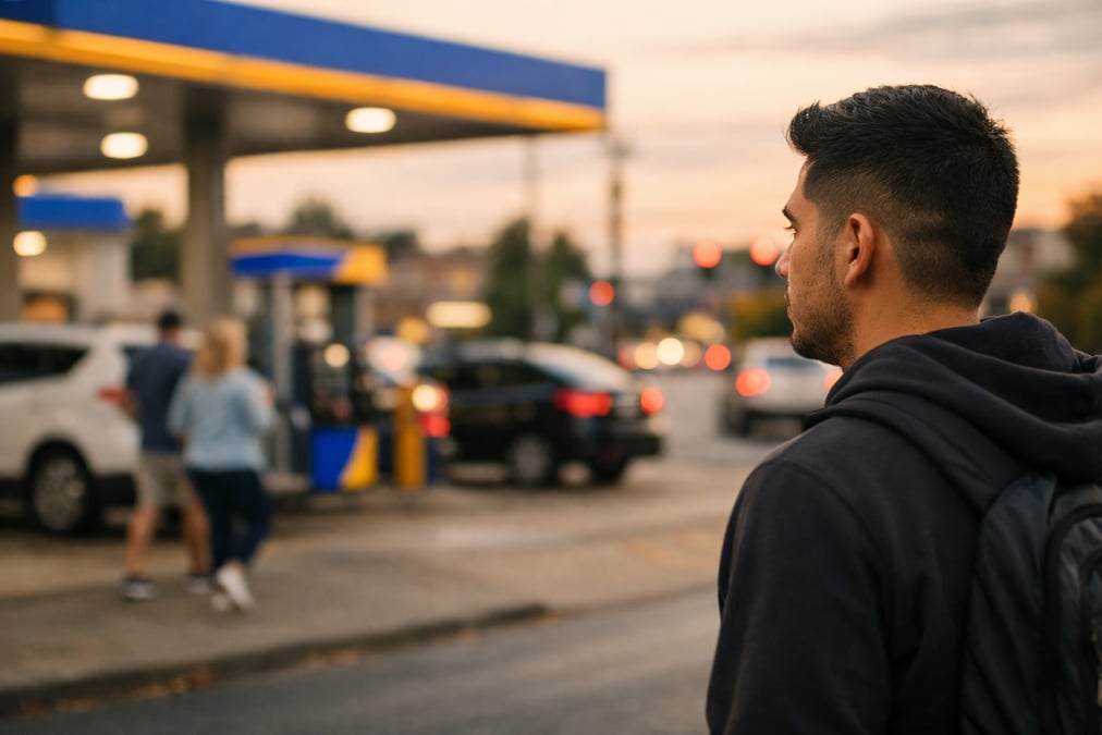 A young Latino man walking past a gas station at golden hour, looking at the pump area from a distance, urban street with cars