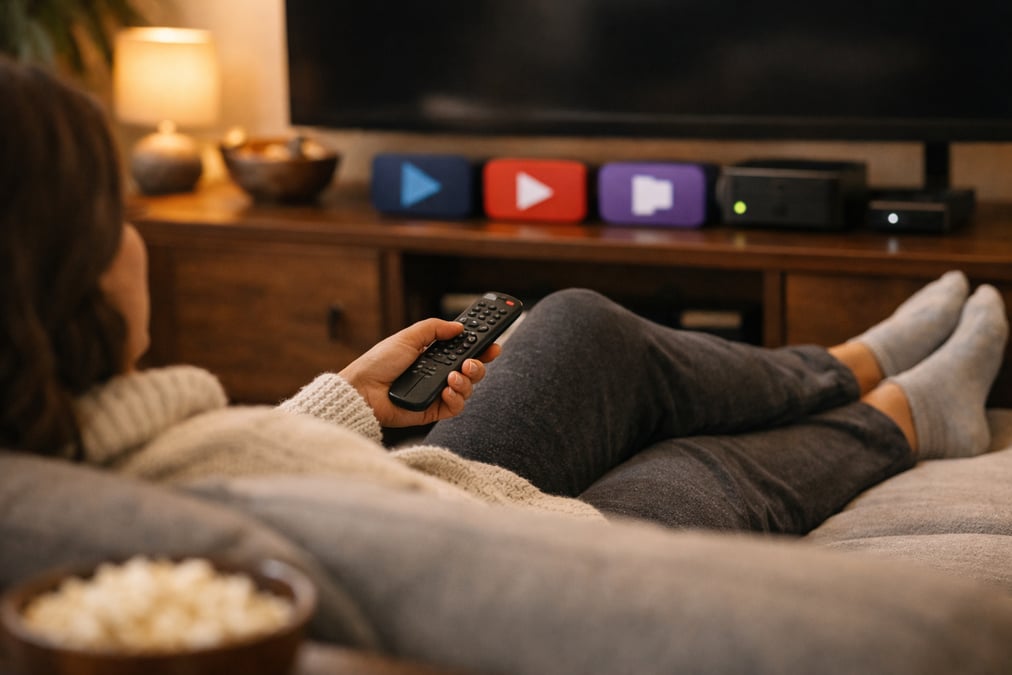 A person lounging on a couch with a remote control, multiple streaming device logos visible on a TV stand (no screen visible), relaxed evening at home