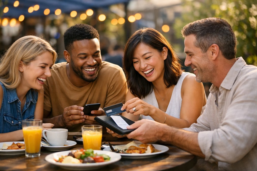 A group of diverse friends splitting the check at a casual brunch restaurant, laughing together, outdoor seating with morning sunlight