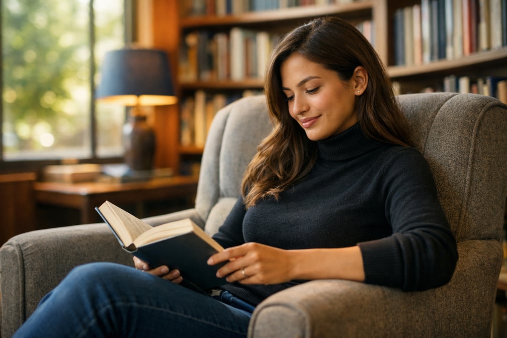 A young woman reading a book at a cozy public library corner, large windows with afternoon light, comfortable armchair