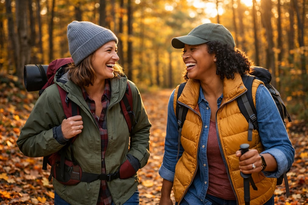 Two friends hiking on a forest trail in autumn, laughing and chatting, colorful fallen leaves on the ground