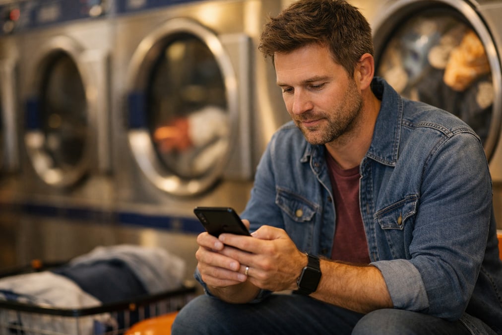 A man checking his phone at a laundromat while waiting for clothes to dry, casual weekend outfit, warm fluorescent lighting