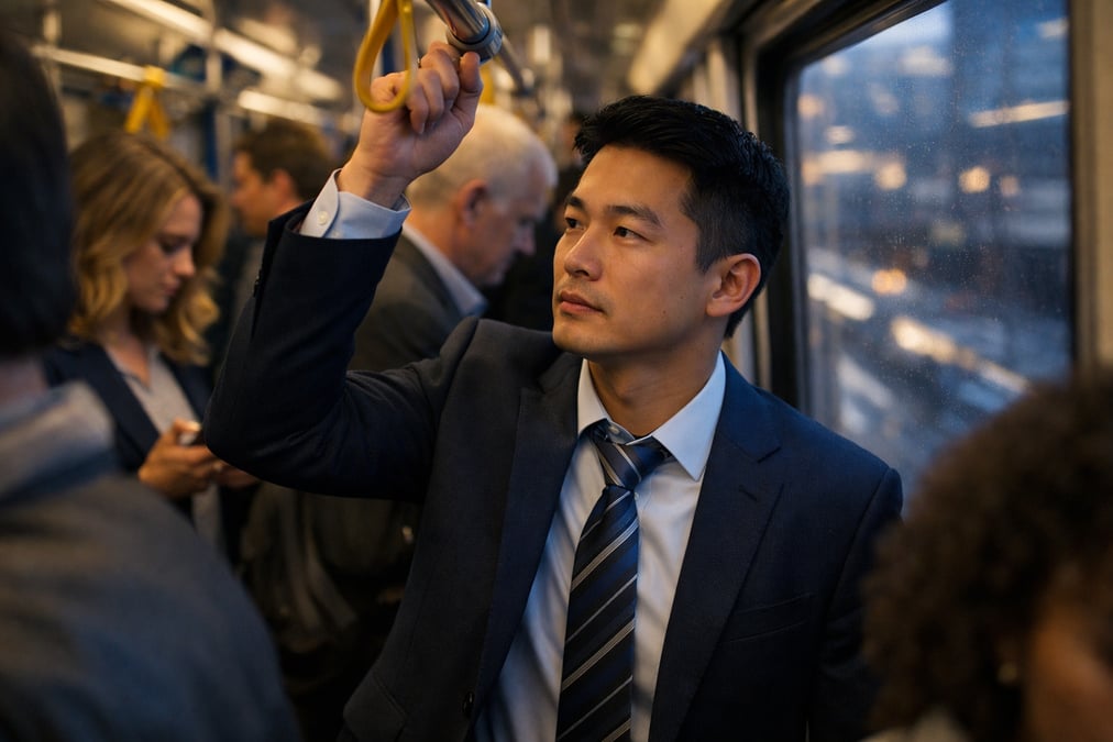 An Asian-American man commuting on a crowded subway train, holding a handrail, looking out the window pensively