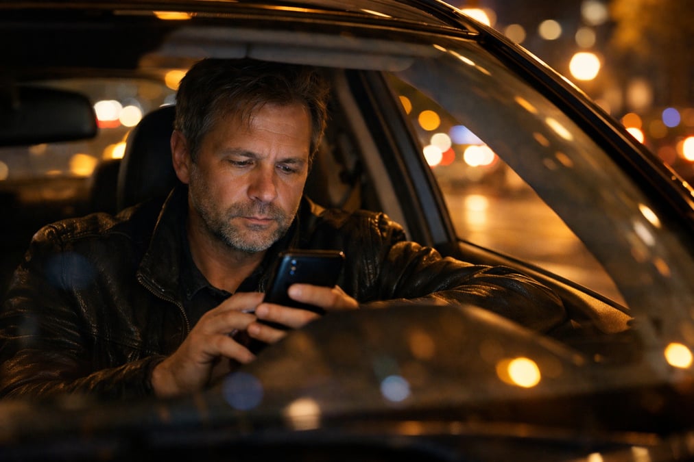 A rideshare driver sitting in his parked car checking the app between rides, evening city lights reflecting on the windshield, tired but focused expression