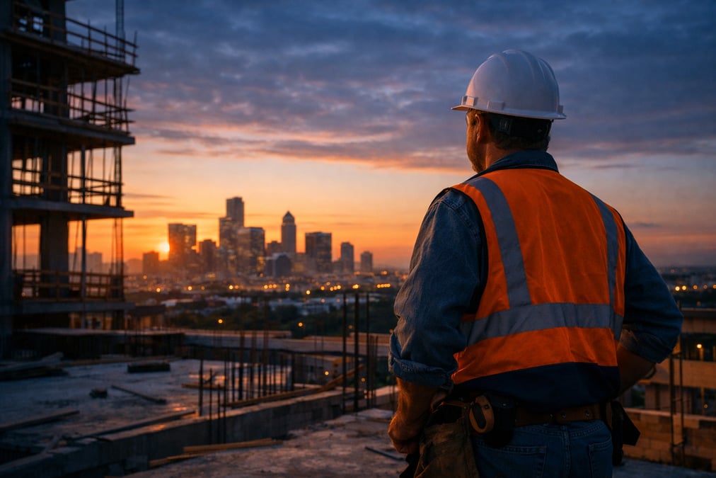 A construction worker in a hard hat looking over an unfinished building site at dawn, city skyline in the background, moody blue-orange sky