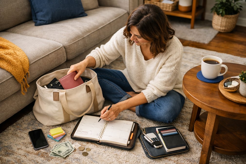 A person sitting on the floor of their living room on a Sunday afternoon, organizing a tote bag and planner for the week ahead, coffee on the side table