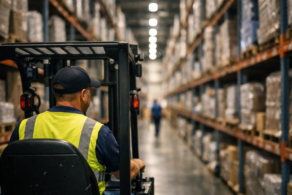 A warehouse worker driving a forklift through tall shelving aisles, industrial fluorescent lighting, depth perspective down the corridor