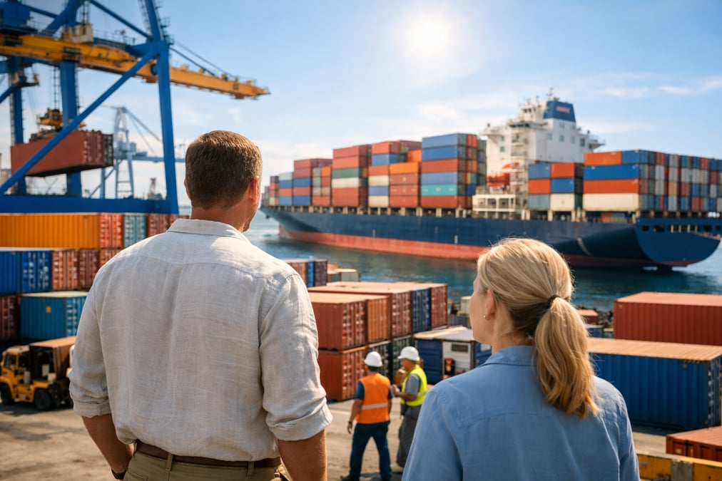 Colorful shipping containers stacked at a busy port with a cargo ship in the background, bright midday sun, wide angle industrial scene